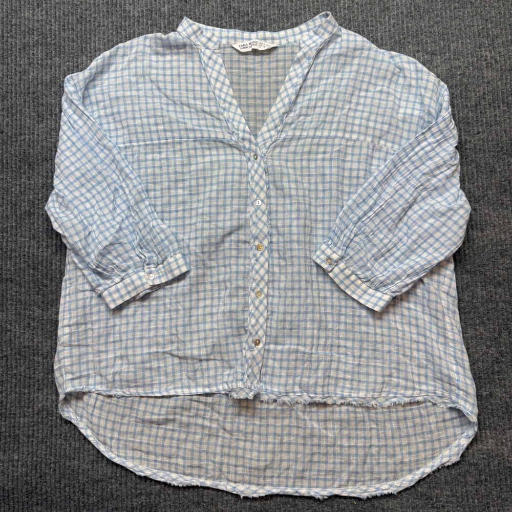 Zara Basic Womens XL Blue White Gingham Fringe Hem Shirt Coastal Preppy Cotton